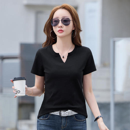 百媚生 棉质短袖小V领纯色T恤6621 商品图2