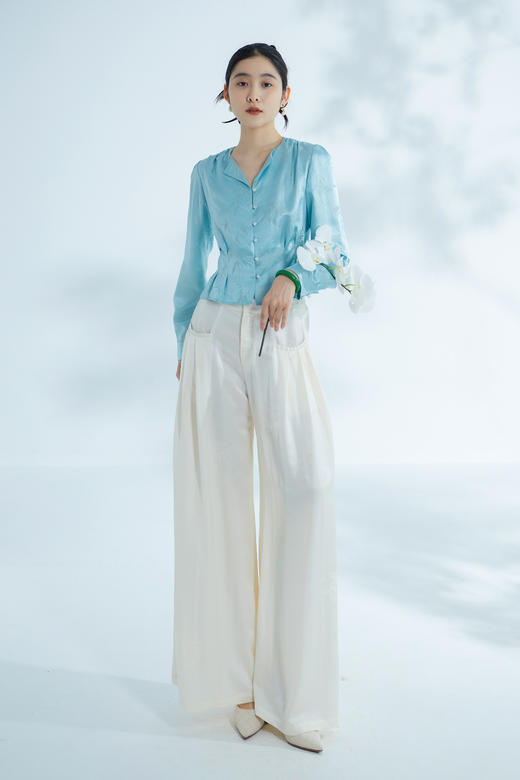 荷言GL 水漾 新中式长裤白色阔腿裤舒适凉感百搭夏季 商品图1