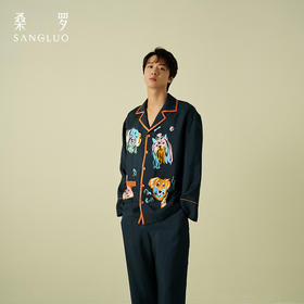 桑罗魔法小狗涂鸦印花藏青色简约男士家居服100%桑蚕丝2025新款