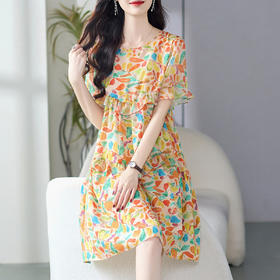WWM-69508夏日绝美小裙子橘色碎花裙真丝桑蚕丝连衣裙女夏2025新款