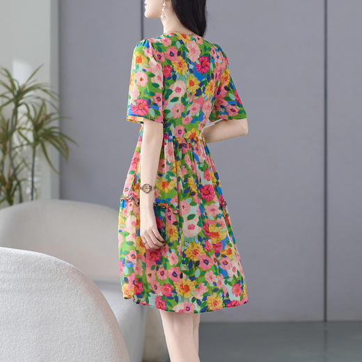WWM-69479小个子微胖新款印花裙子桑蚕丝法式真丝连衣裙多巴胺掐腰裙 商品图3