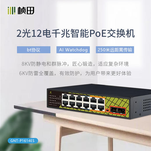 【250米传输】2光12电千兆PoE交换机(2F+4G+2EP6+6EP/120W)GNT-P1614ES 商品图0
