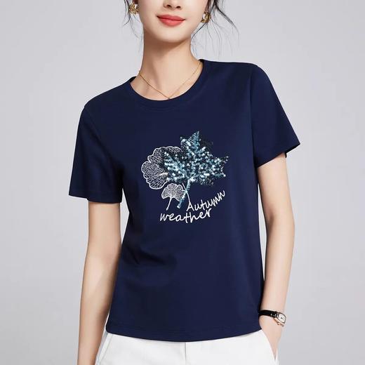 【自】全新升级【铂金会员109/天猫149/差价40】(03059) 洛诗琳枫叶珠片刺绣短袖T恤新款宽松显瘦圆领丝光棉半袖上衣 商品图2