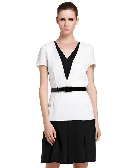 JOAN&DAVID 白/黑色V领素雅拼接短袖连衣裙 商品图0