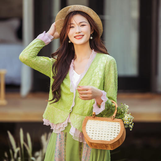 【林栖设计小店】【现货】【林栖推荐】2025夏季新品桃红柳绿色提花拼真丝开衫外套女N1952432 商品图5