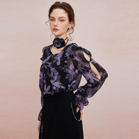 QF253斯尔丽2025夏季新款烂漫印花宽松时尚上衣手工盘花领花亦可腰带