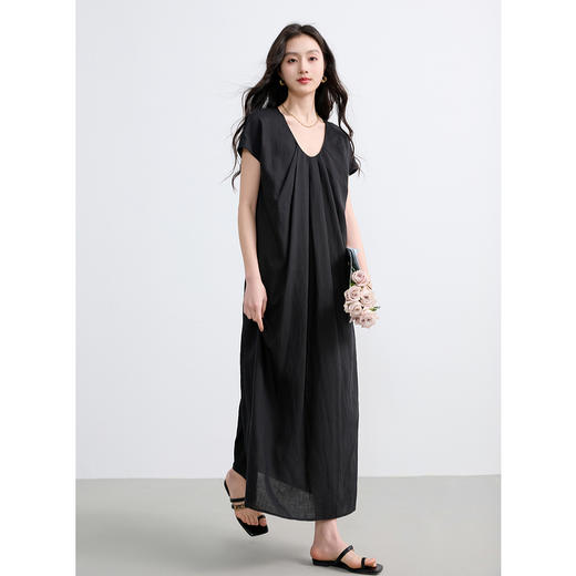 【莱赛尔+亚麻】三彩2025夏季新款连衣裙宽松A字裙U领长裙盖袖松弛S 商品图1