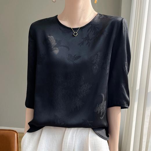 雀说缎面国风新中式女装圆领短款暗提花大码短袖百搭T恤上衣ALF28 商品图5