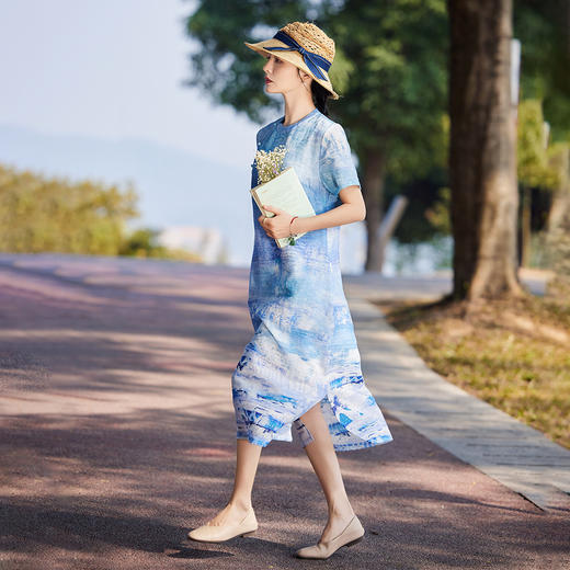雀说新款高端苎麻印花新中式改良旗袍国风立领短袖文艺连衣裙ALS523 商品图1