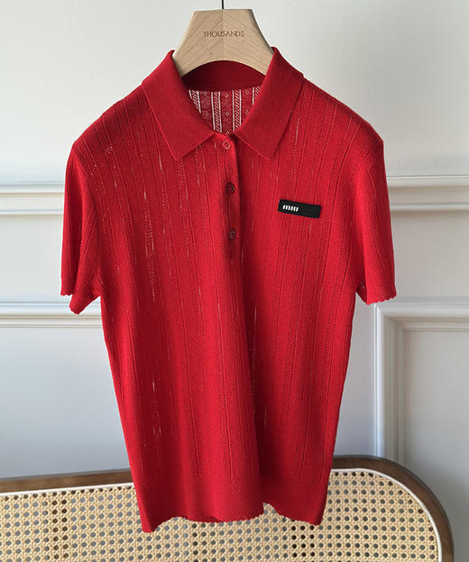 现货 THS-限时 缪家 翻领天丝羊毛针织镂空短袖上衣 2色 BH2597 商品图8