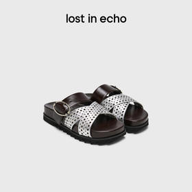 lost in echo2025春夏新款时尚拼色交叉条带镂空真皮勃肯拖鞋女