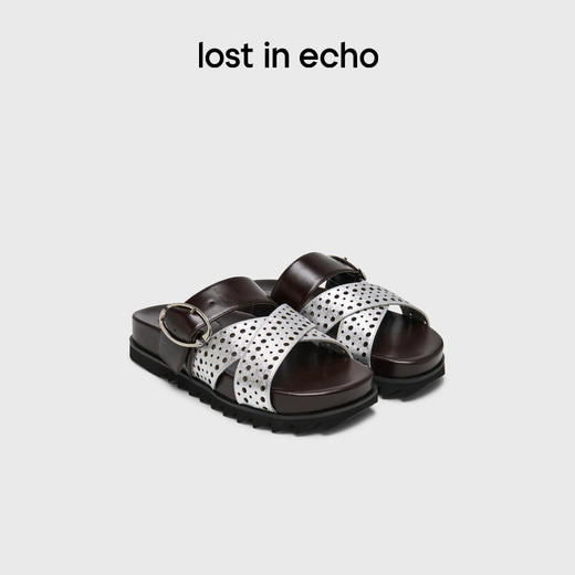 lost in echo2025春夏新款时尚拼色交叉条带镂空真皮勃肯拖鞋女 商品图0