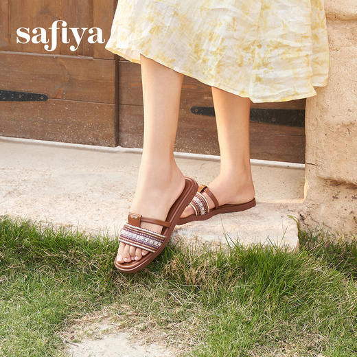 Safiya/索菲娅2025露趾民族风编织复古方头休闲百搭平底凉拖SFD2110366 商品图4