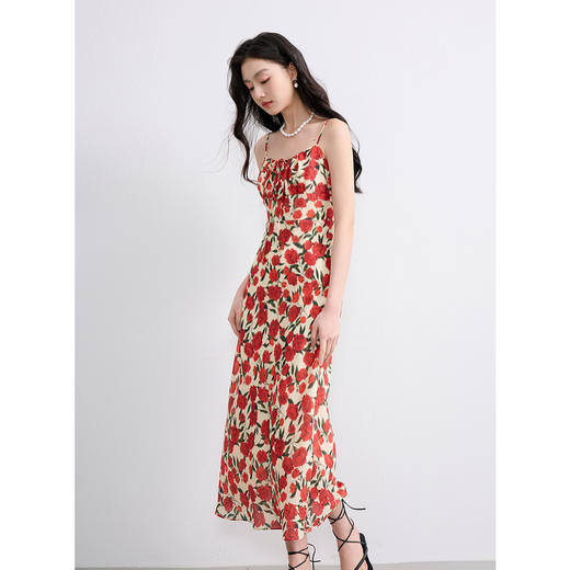 三彩2025夏季新款法式莱赛尔碎花连衣裙一字领吊带裙长裙优雅S 商品图3