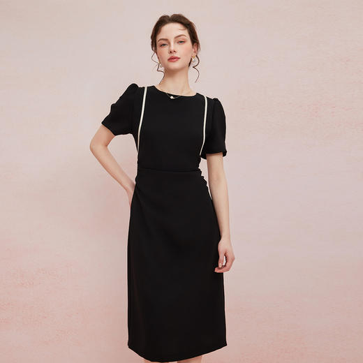 QF846斯尔丽25新款法式浪漫圆领撞色滚边显肩窄高级白领气质款连衣裙 商品图0
