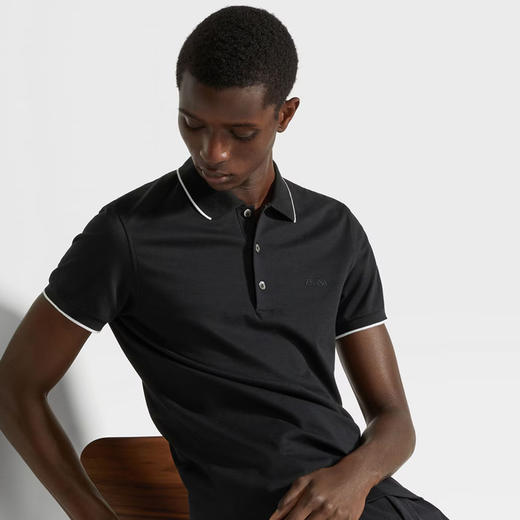 【一】ZEGNA 杰尼亚 男士字母徽标刺绣弹力棉质短袖polo衫 黑色 E7358A5 B746 K09 商品图3