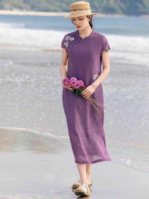 雀说中式改良旗袍裙紫气东来复古苎麻刺绣立领无袖连衣裙ALS518 商品图5