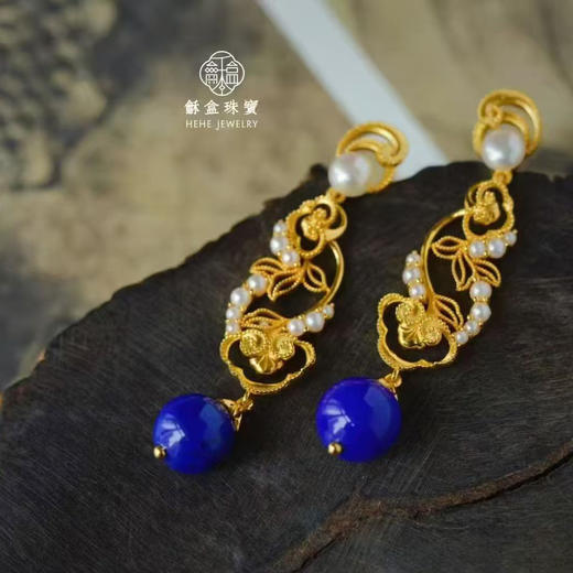 龢盒原创 灵芝抱福，岁月流金 如意灵芝青金石耳坠 商品图2