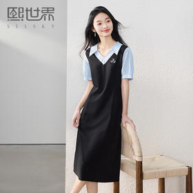 【专属特价】熙世界学院风刺绣假两件连衣裙女夏季设计感撞色翻领裙子2025新款