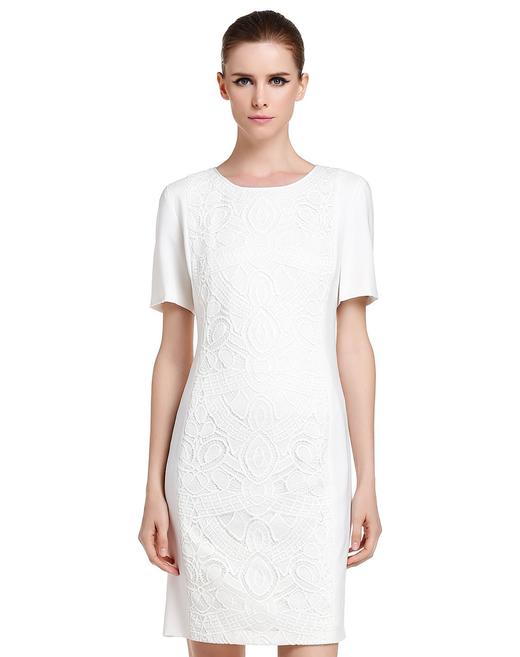 4894415286168 JOAN&DAVID   白色圆领淑女蕾丝拼接短袖连衣裙【以实物图为准，有色差偏黄】 商品图0