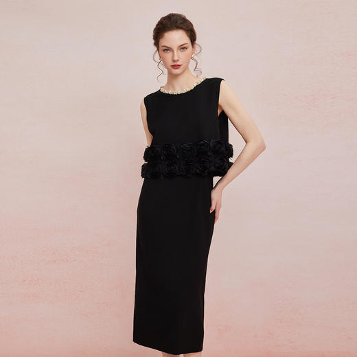 QF869斯尔丽2025夏季新款礼服箱型设计立体盘花中长款气质高雅连衣裙 商品图0