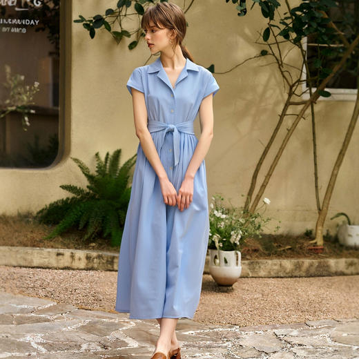 OLrain欧芮儿蓝色衬衫式通勤法式连衣裙夏季2025新款宽松显瘦长裙 商品图2