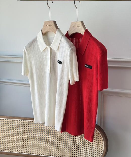 现货 THS-限时 缪家 翻领天丝羊毛针织镂空短袖上衣 2色 BH2597 商品图3