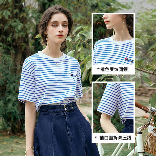 OLrain欧芮儿蓝白条纹短袖T恤夏季2025夏季新款时尚洋气减龄上衣 商品图2
