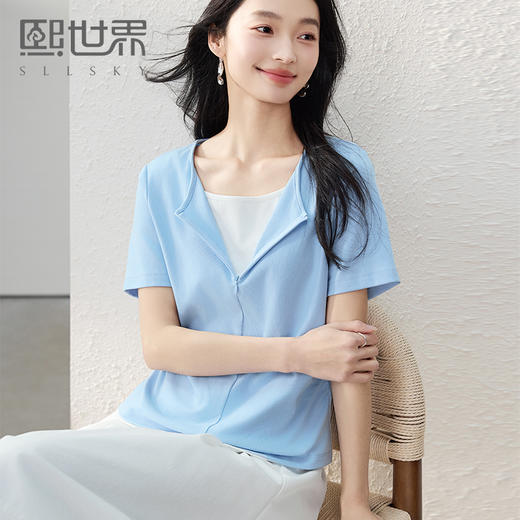 【专属特价】熙世界浅蓝色假两件短袖T恤女2025夏季设计感半拉链收腰显瘦上衣 商品图0