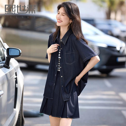 【专属特价】熙世界2025新款复古丹宁仿天丝软牛仔衬衫女短袖夏季薄款翻领外套 商品图0