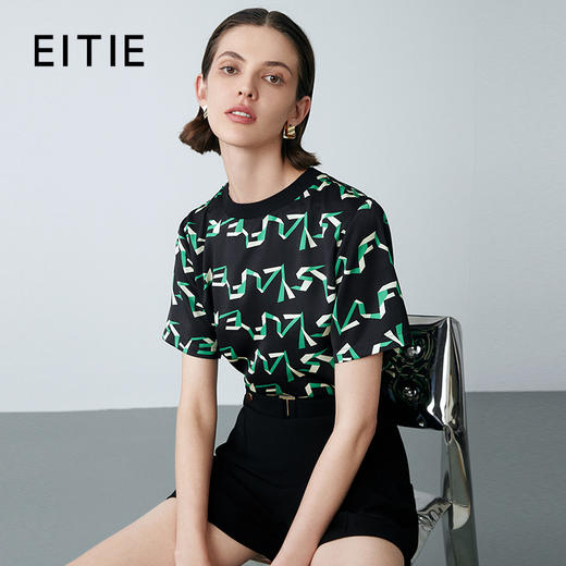 EITIE爱特爱夏季新款气质收腰显瘦通勤时尚印花T恤上衣7813514 商品图0