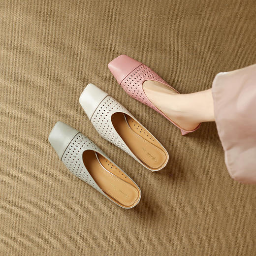 【预售5天】头层羊皮！精致优雅方头镂空后空凉鞋新款粗跟包头拖鞋外穿女MBJR&6881 商品图4