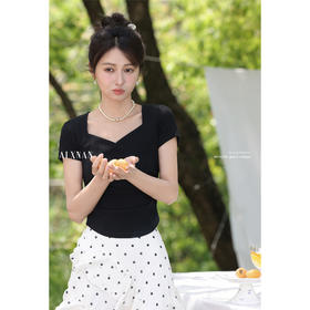 鹿向南「雨吟昔曲」黑色方领短袖T恤女夏季新款显瘦百搭气质上衣