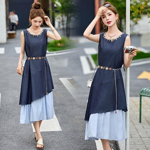 雀说时尚圆领无袖假两件连衣裙女夏季宽松显瘦好看撞色拼接背心裙子AL6266 商品图3