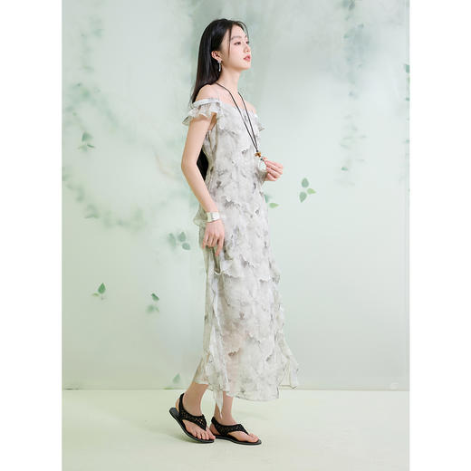 三彩【水光潋滟】2025夏季新款新中式荷叶边连衣裙两穿一字领C 商品图1