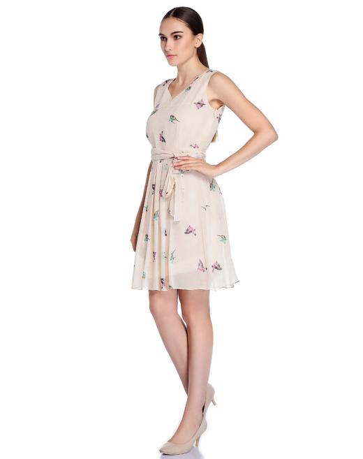 4894415333978  JOAN&DAVID 米杏色甜美清新印花无袖连衣裙 商品图3