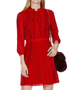 5054236059733  KAREN MILLEN KAREN MILLIEN 大红色气质蕾丝七分袖连衣裙