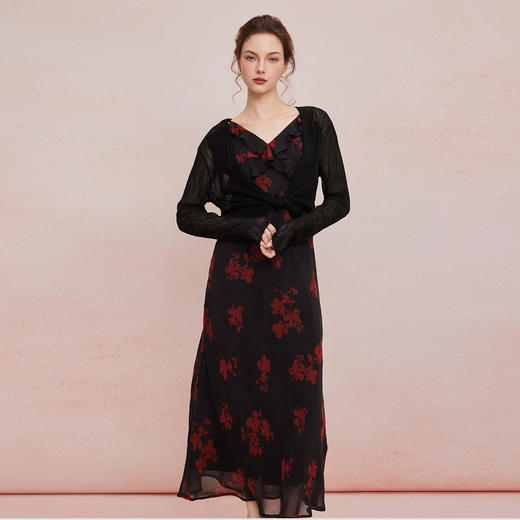 QF875斯尔丽25夏季新款法式浪漫碎花荷叶边裙搭配针织外披连衣裙套装 商品图0