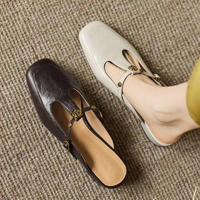 手工女鞋复古丁字扣包头穆勒鞋夏季外穿粗跟拖鞋软底软面3CM