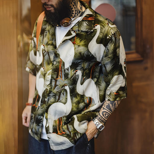 工装优选复古港风仙鹤花衬衫古巴领浮世绘天丝夏威夷短袖衬衣男夏 商品图0