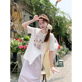 <曾小咸推荐>可爱卡通印花开叉圆领短袖T恤