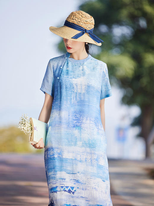 雀说新款高端苎麻印花新中式改良旗袍国风立领短袖文艺连衣裙ALS523 商品图5