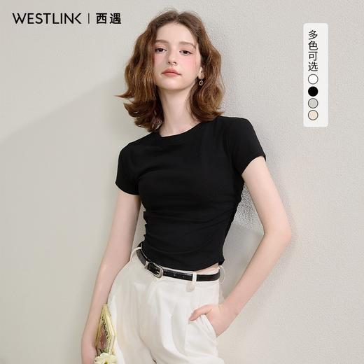 西遇圆领短袖t恤女新款休闲纯色修身内搭正肩短款上衣SS150224 商品图2