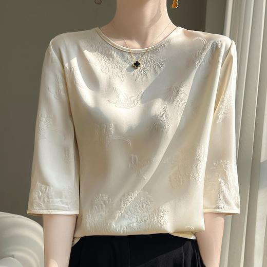 雀说缎面国风新中式女装圆领短款暗提花大码短袖百搭T恤上衣ALF28 商品图2