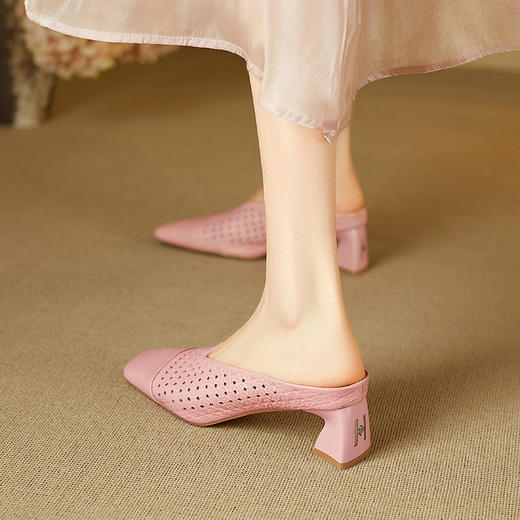 【预售5天】头层羊皮！精致优雅方头镂空后空凉鞋新款粗跟包头拖鞋外穿女MBJR&6881 商品图3