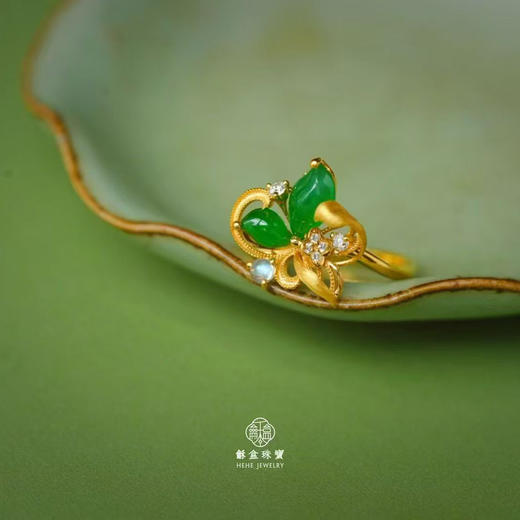 龢盒原创 一叶清莲18k金镶翡翠戒指 商品图3