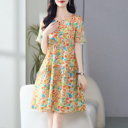WWM-69508夏日绝美小裙子橘色碎花裙真丝桑蚕丝连衣裙女夏2025新款 商品图2