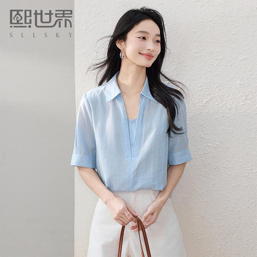 熙世界假两件蓝色衬衫女短袖2025夏季新款法式设计感气质翻领上衣 商品图0