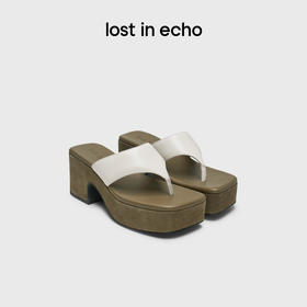 lost in echo2025春夏新款时尚拼色真皮粗跟增高夹脚人字拖凉拖鞋