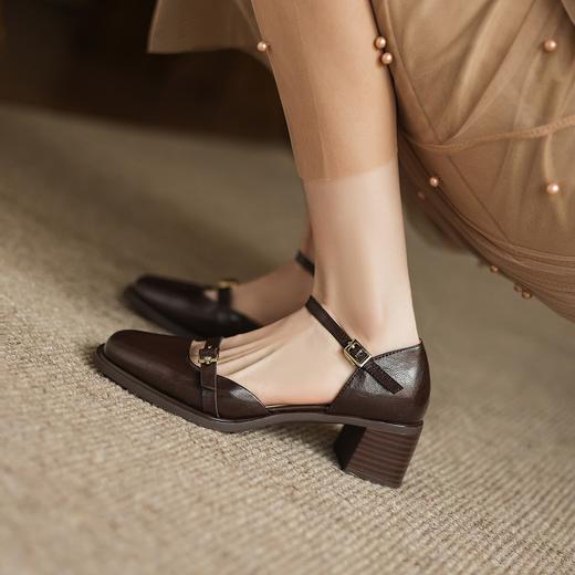 手工女鞋真皮一字带玛丽珍凉鞋粗跟5CM不掉跟新款法式中跟鞋 商品图1